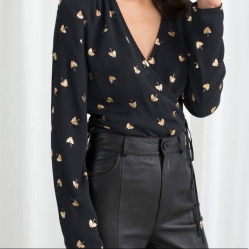 & other stories black metallic leaf wrap blouse
